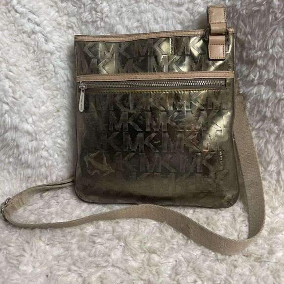MICHAEL KORS  MIRROR METALLIC LOGO  metallic gold crossbody bag tan leather trim - Picture 2 of 16